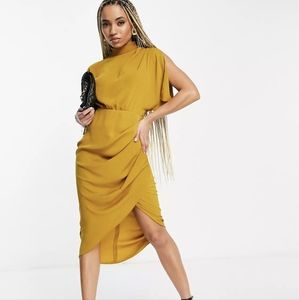 NWT ASOS DESIGN split cap sleeve midi wrap front dress mustard 4